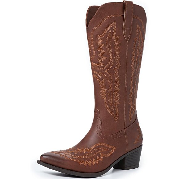 ⚡Women's Brown Square Toe Cowgirl Boots Low Chunky Heel Embroidery Mid Calf - Picture 1 of 8